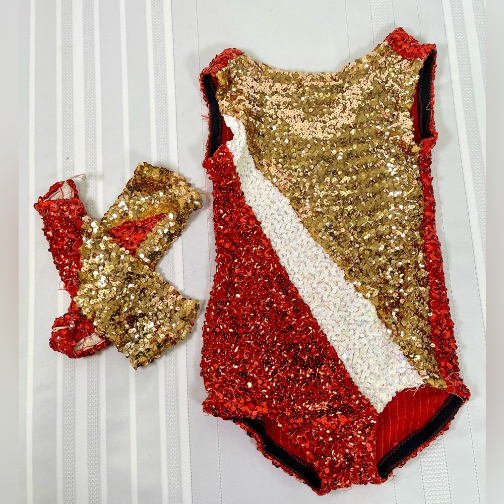Vintage 80s Majorette Sequin Leotard Set Red Gold Showgirl Dance Costume XS